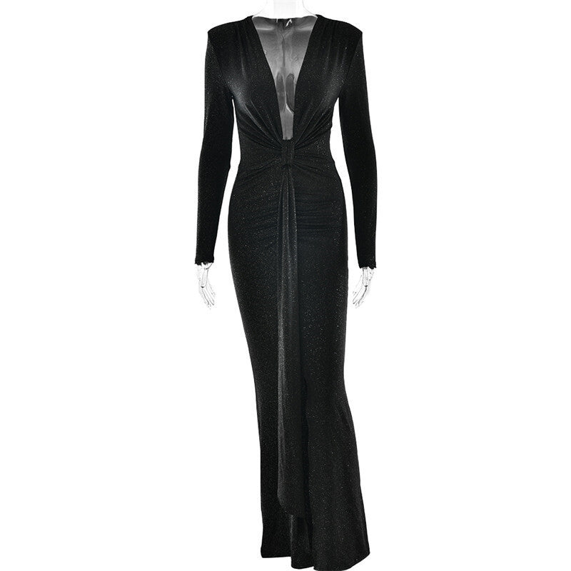 Cross-border Autumn and Winter Sexy Deep V-neck Sequin Strap Dress Dress Elegant Long-sleeve Split Slim-fit dress Party