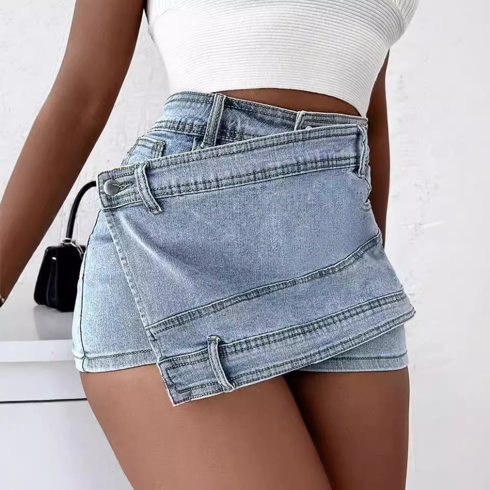 Women's High Waist A-line Denim Wide-leg Shorts