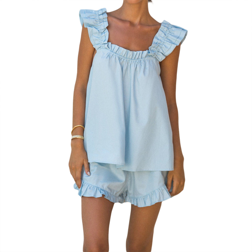Cotton and linen blouse with wooden earflaps, stylish short pants set