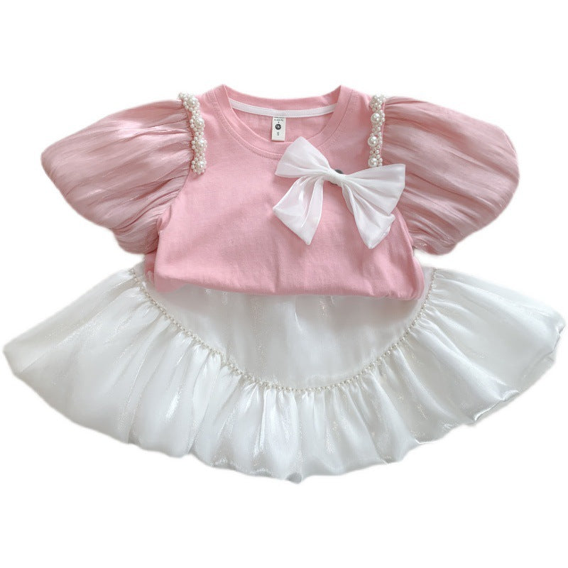 Girls Pearl Trimmed Short Sleeve Culotte Set
