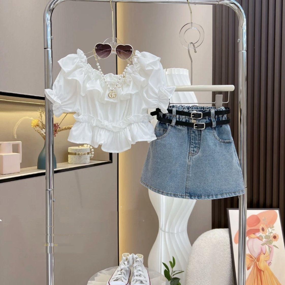 Girls' Ruffled Off-Shoulder Top and Denim Skirt