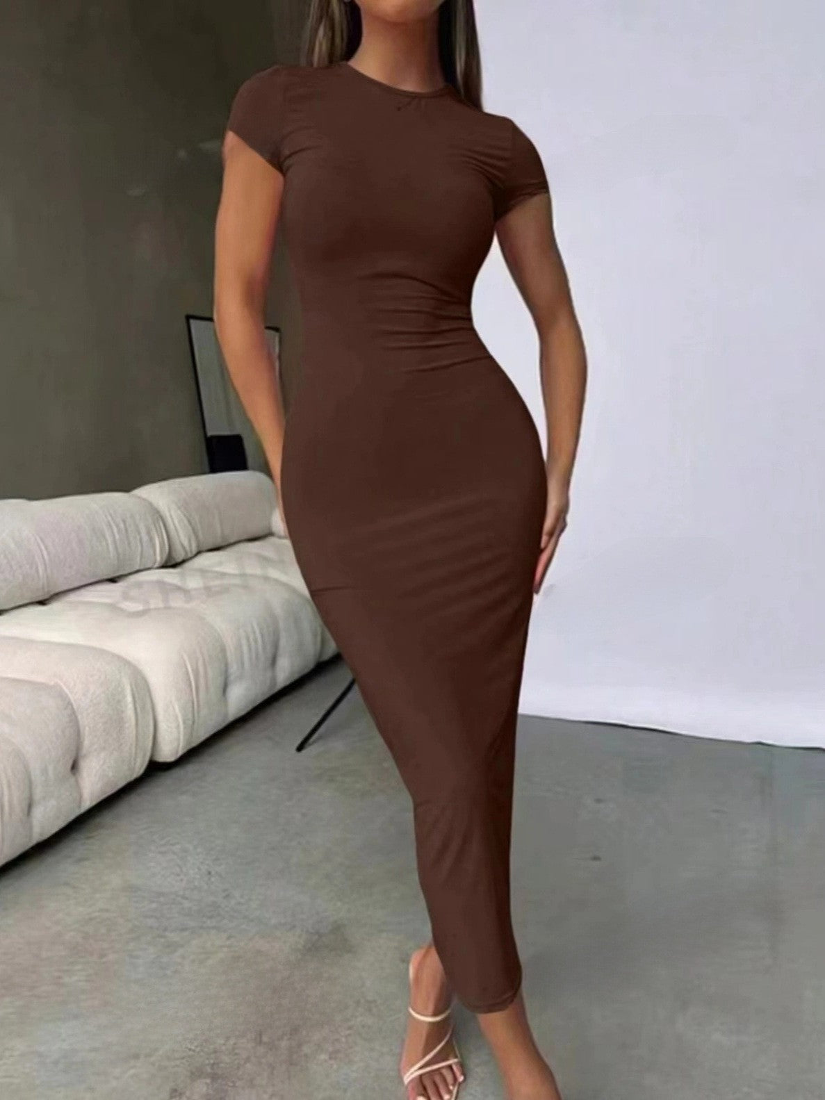Solid color slim-fit long dress