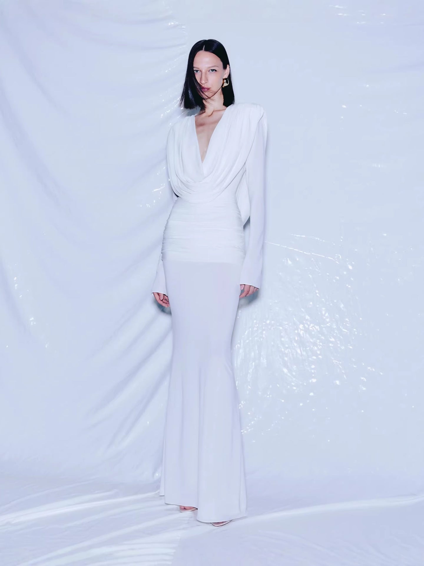 Pure White French Retro Long Skirt Deep V Dress Slimming Look Long Sleeve