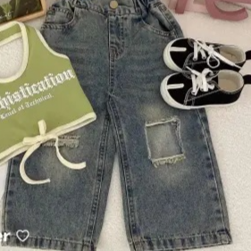 Girls' Summer Camisole Ripped Jeans