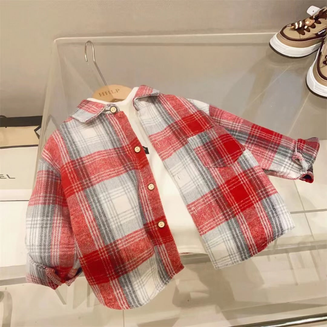 Kids Lapel Shirts with Striped and Grid Patterns