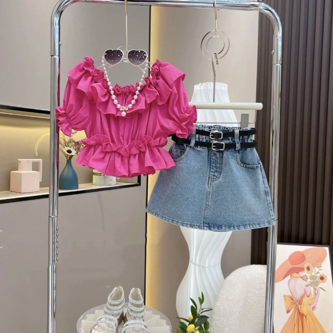 Girls' Ruffled Off-Shoulder Top and Denim Skirt