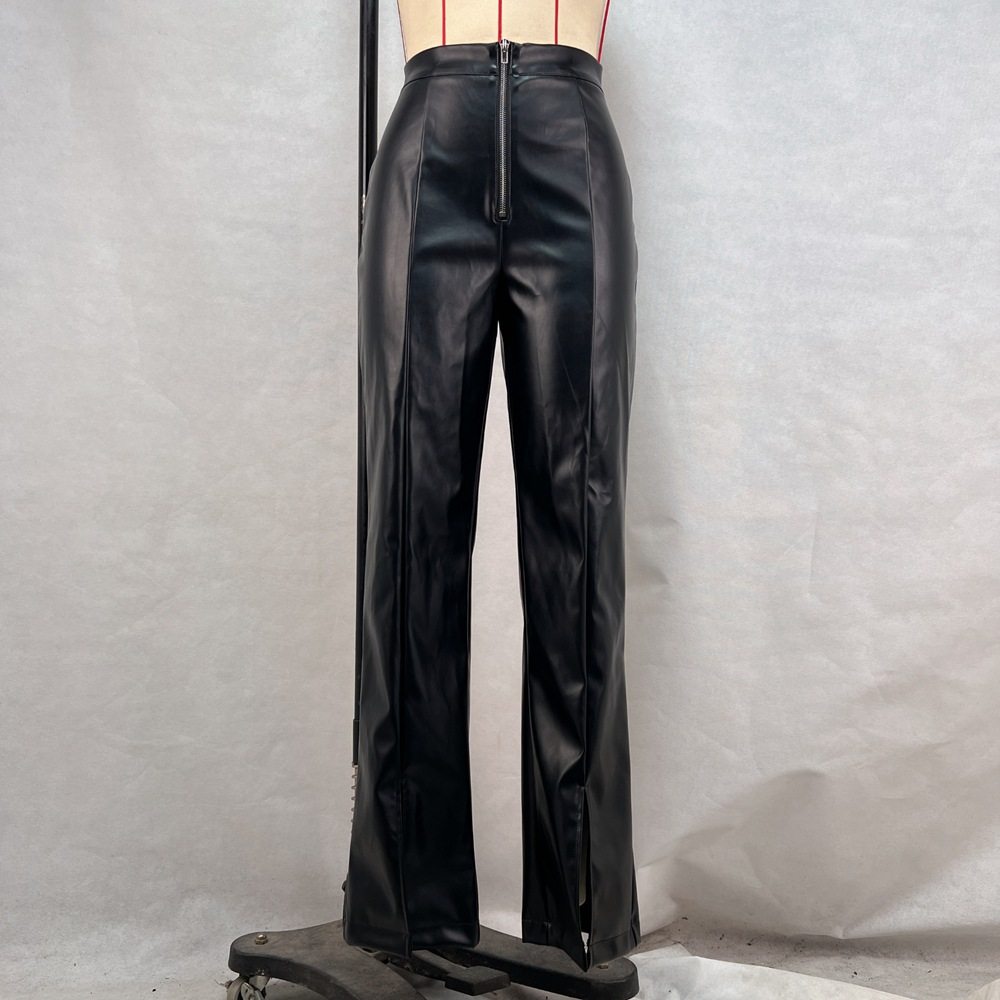 Womens High Waisted PU Leather Wide Leg Pants