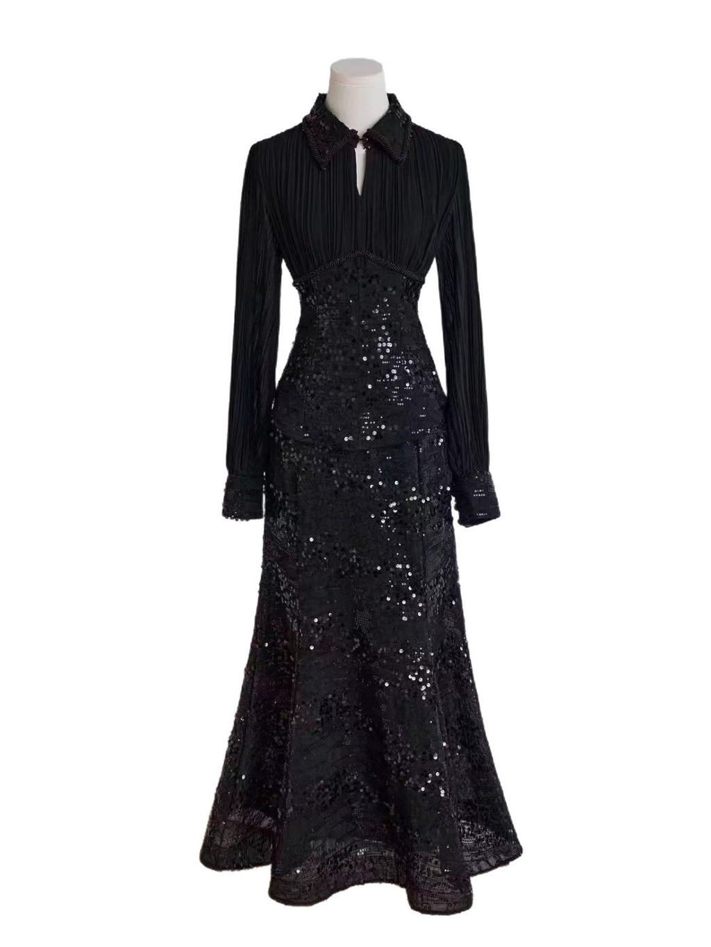 Spliced Shirt and Sequined Fishtail Skirt Set