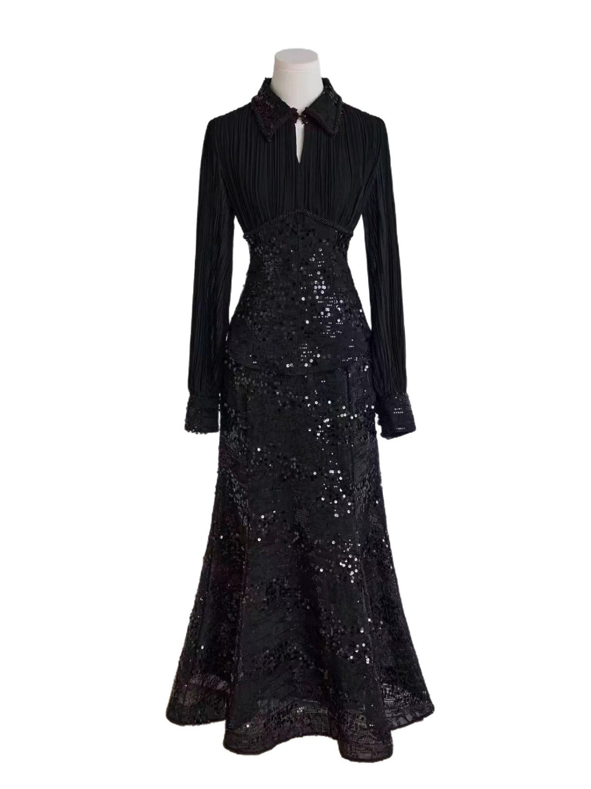 Spliced Shirt and Sequined Fishtail Skirt Set