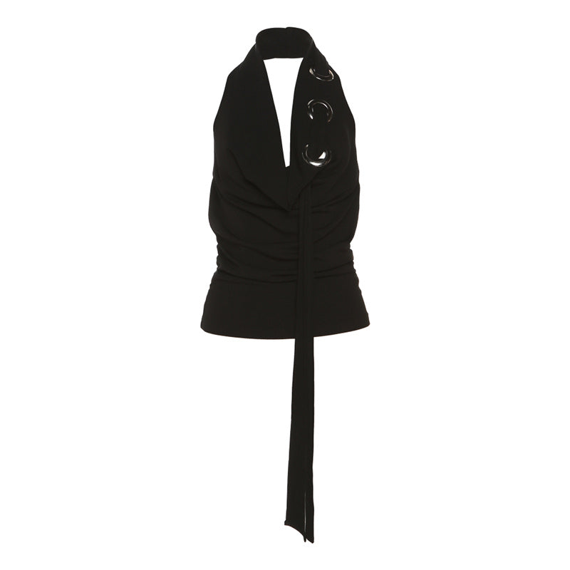 Black neckless sleeveless top