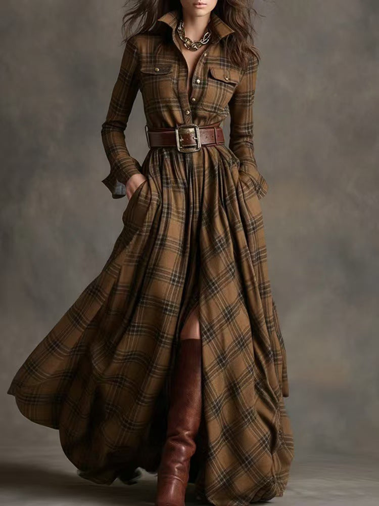 Retro plaid slimming asymmetrical dress