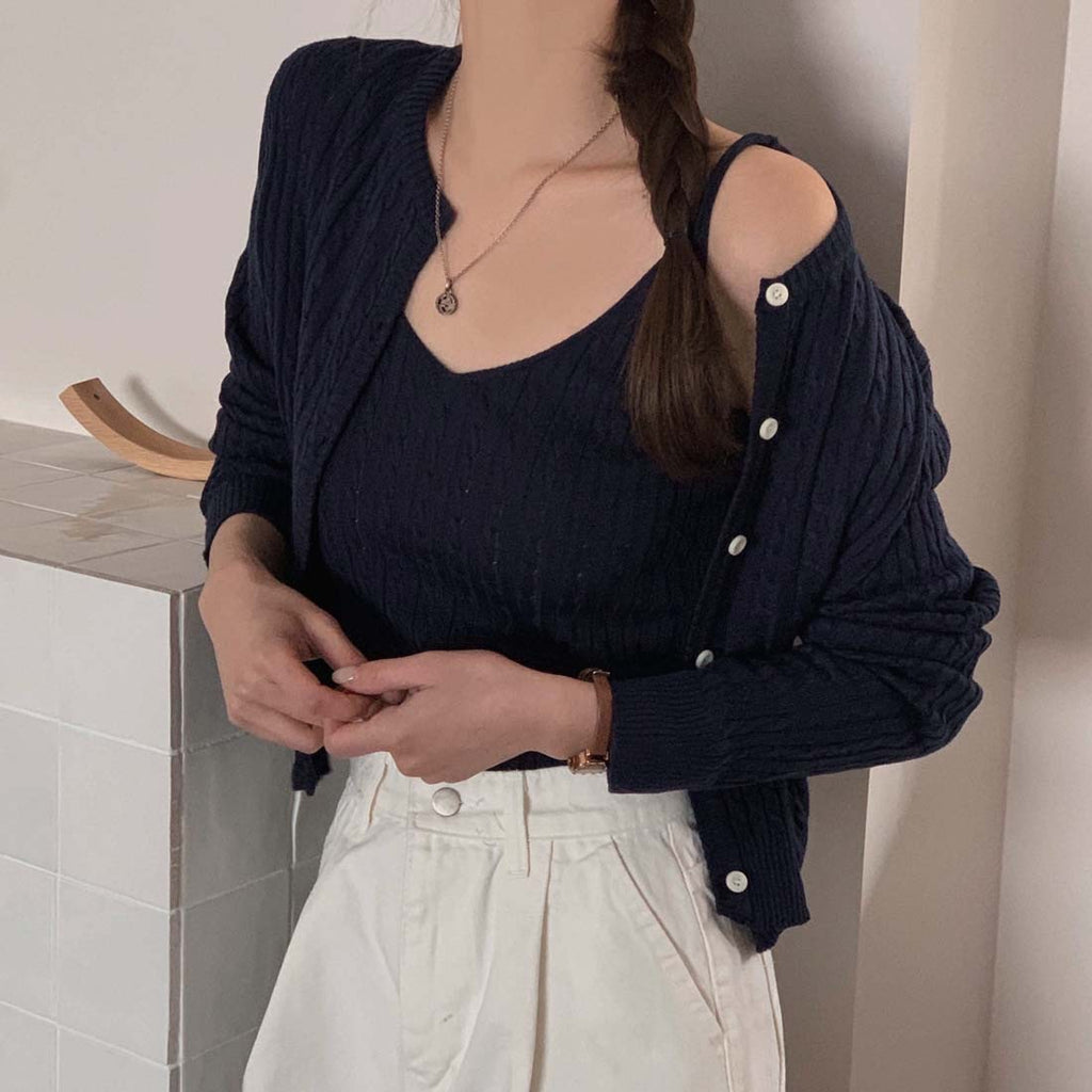 French Style Knitted Camisole and Cardigan Two-Piece Set