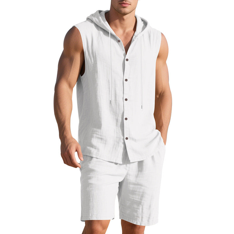 Men's Linen Hooded Vest and Shorts Set