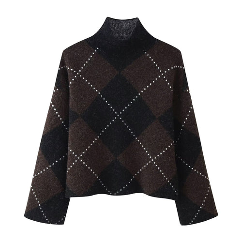 High-neck plaid pullover knit top and skirt