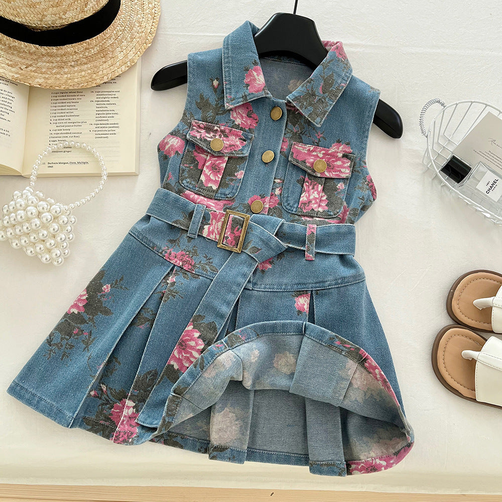 Girl's Sleeveless Floral Print Denim Dress