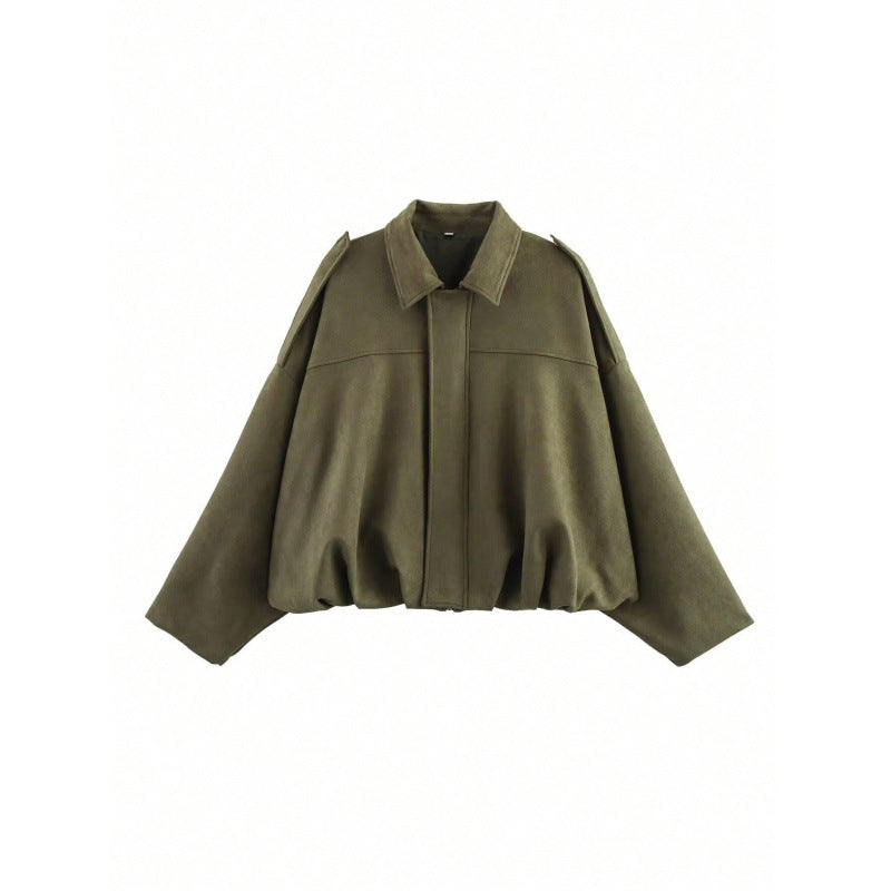 Suede Textured Lapel Bomber Jacket