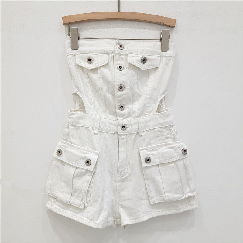 Button-Up Denim Shortalls