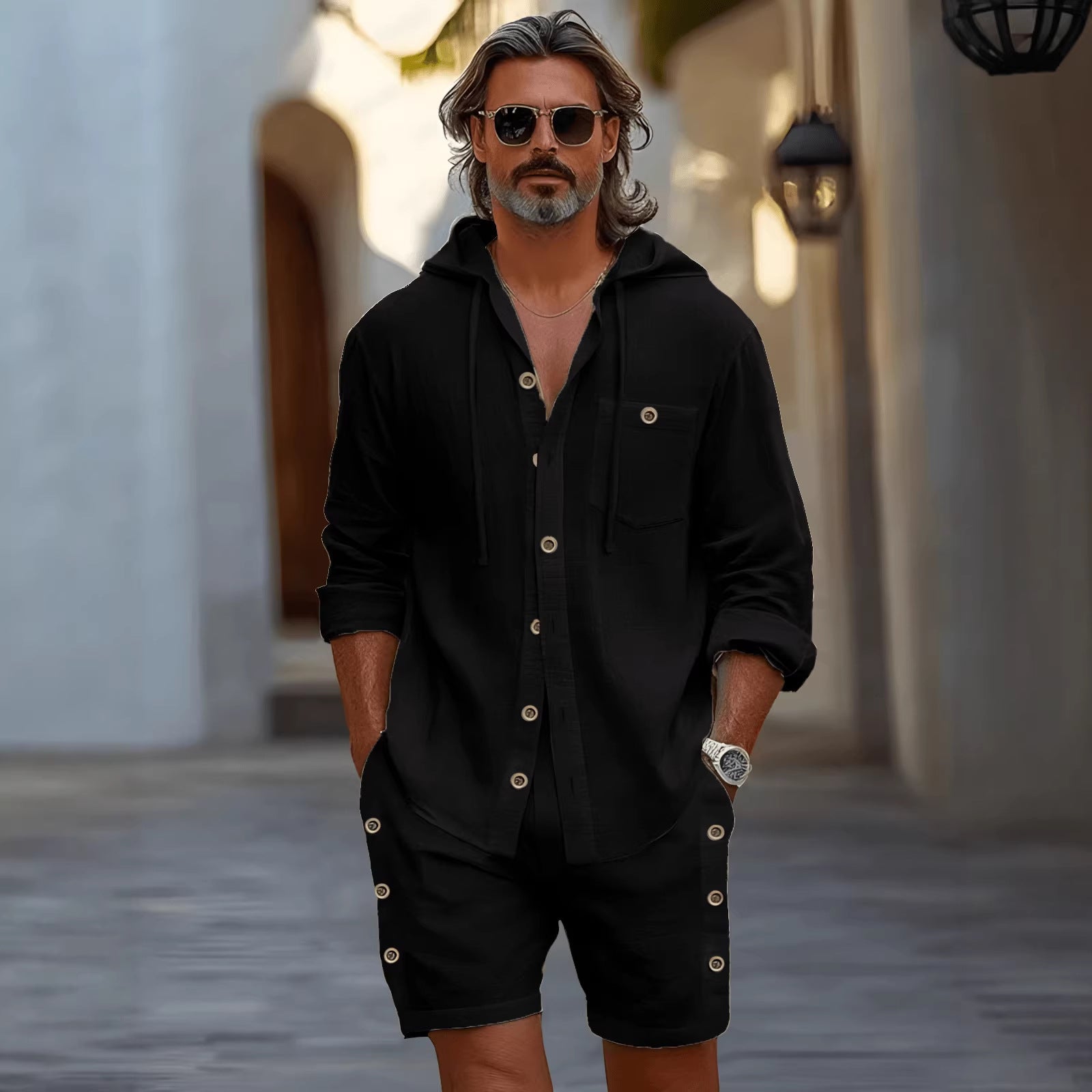 Men's Hooded Shirt Shorts Casual Set