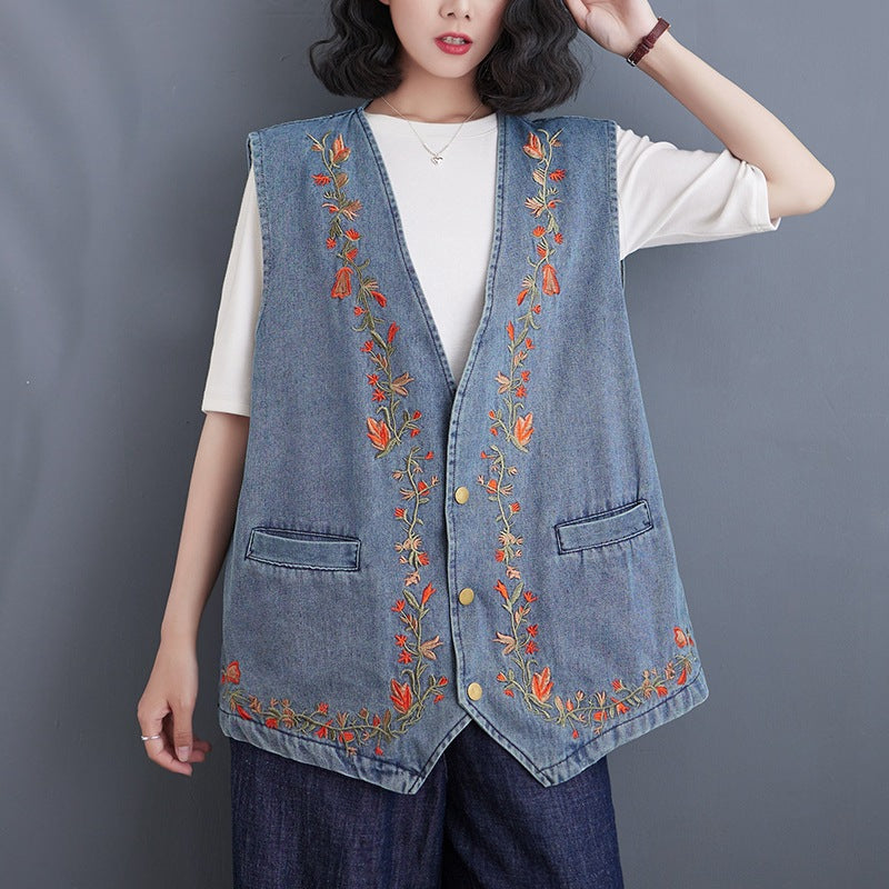 Women's Floral Embroidered Denim Vest