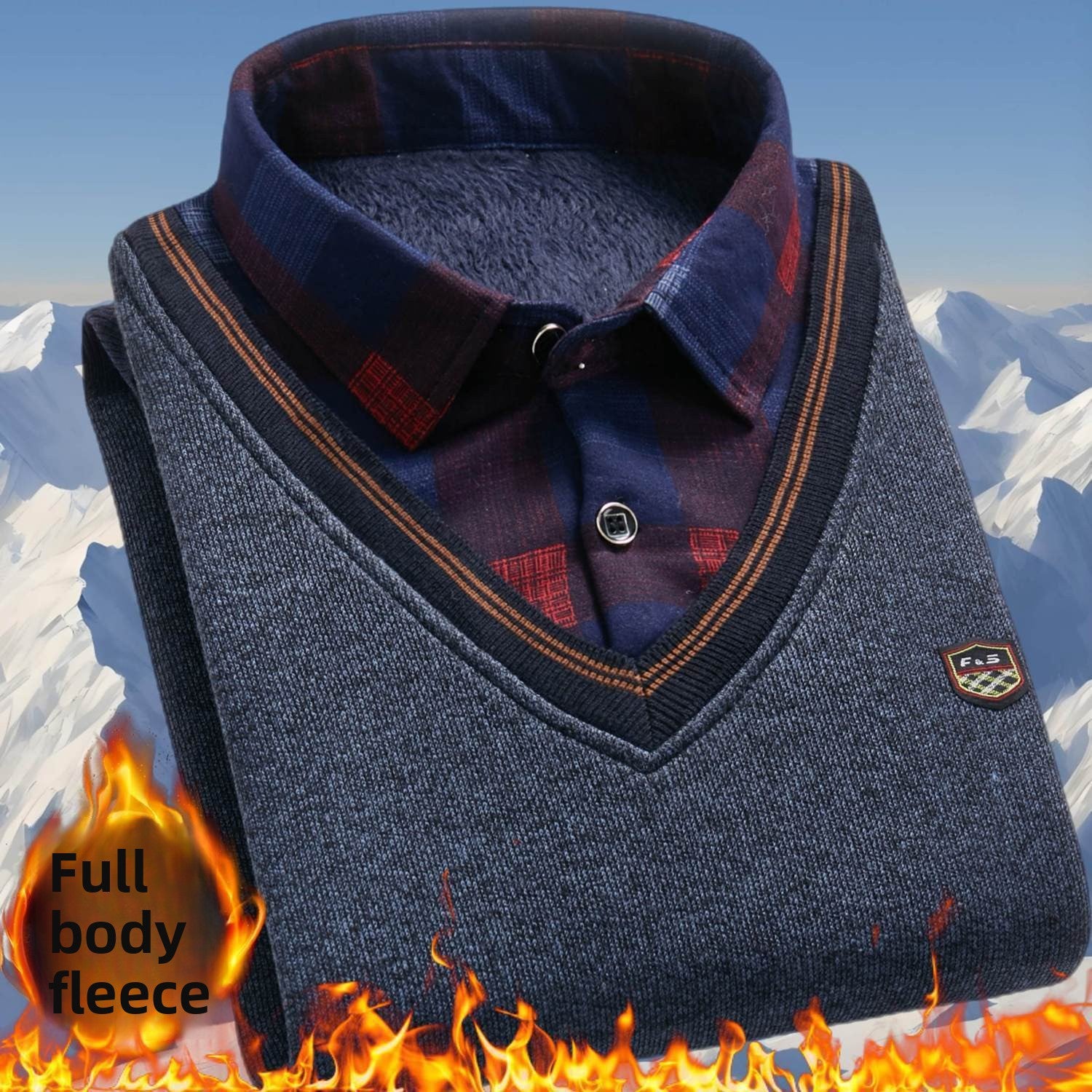 Winter fleece knitted sweater - fake two pieces