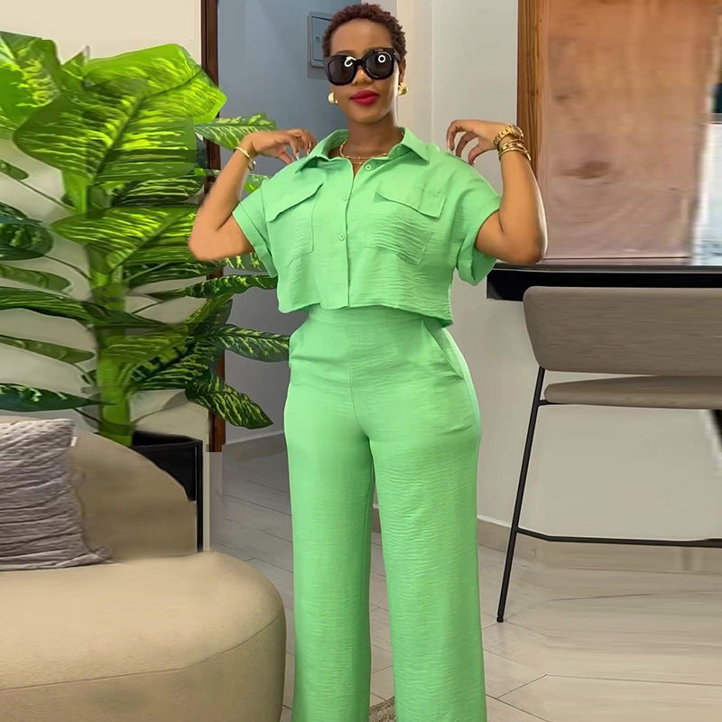 Casual Lapel Shirt and Wide-Leg Pants Suit