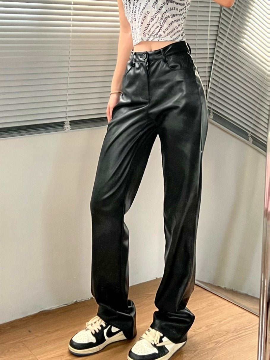 High-Waisted Versatile Leather Trousers