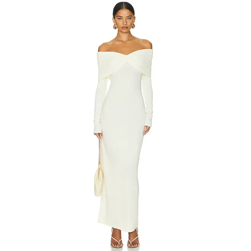 Solid-color sexy French one-shoulder strapless long-sleeved spring and autumn women's dress with pleated and elegant style