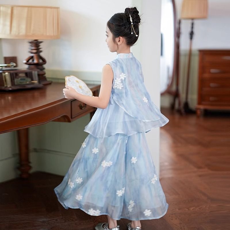 Girls' Chinese Style Sleeveless Wide-Leg Pants Two-Piece Outfit