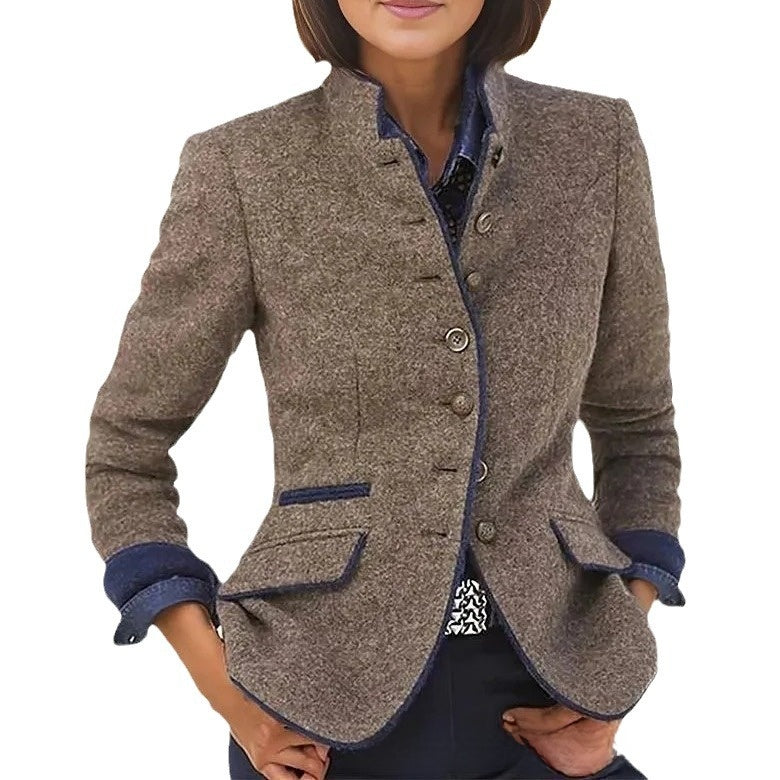 Button color-block woolen coat
