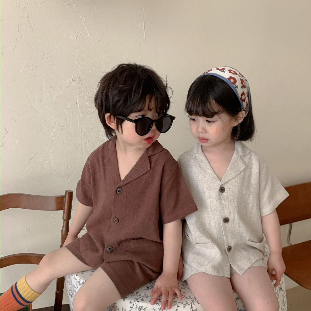 Kids' Linen Short Sleeve Shirt and Shorts Two-Piece Set