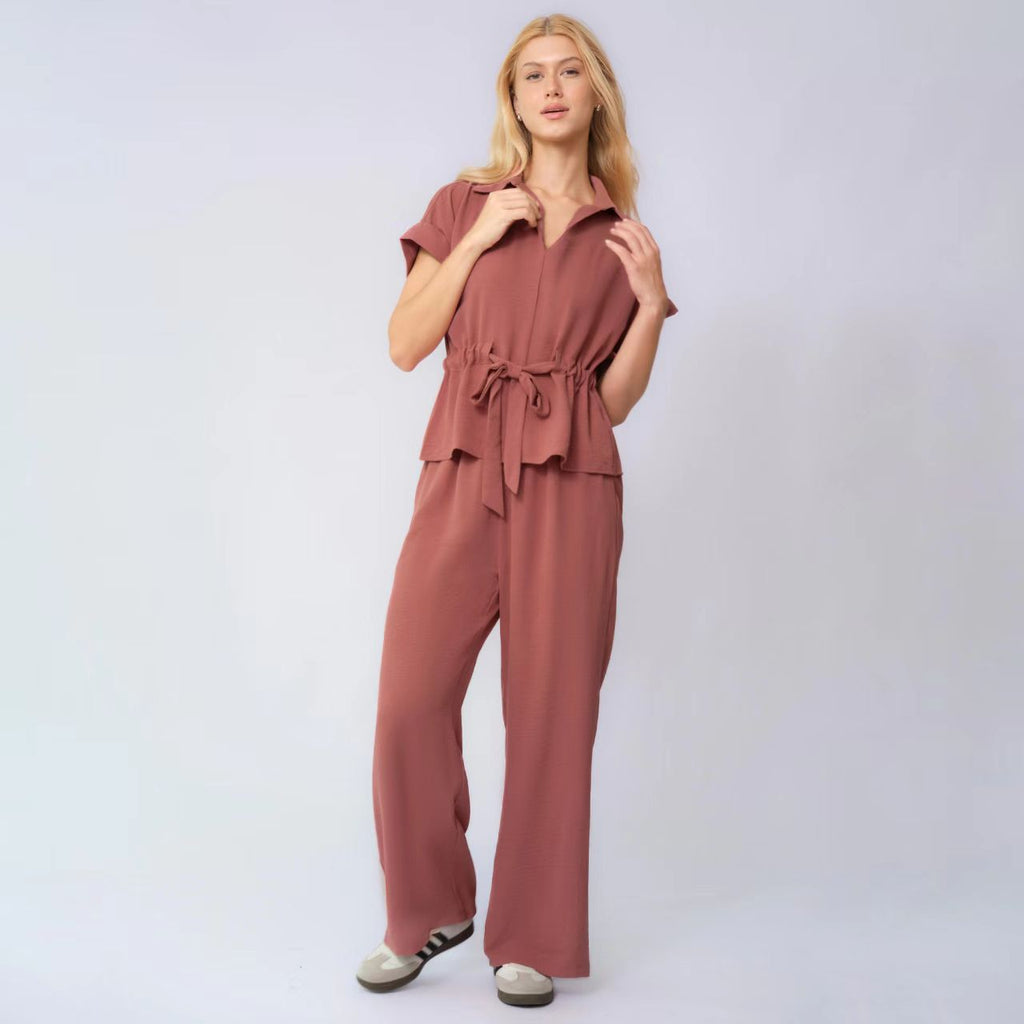 Drawstring Solid Color Commuter Pants Set