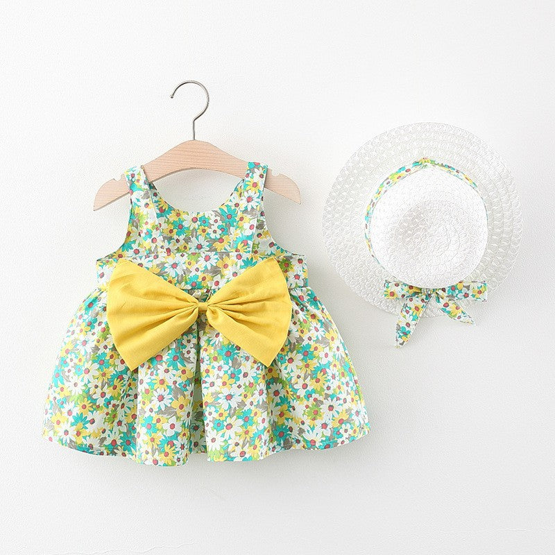 Girls' Summer Sleeveless Bow Dress with Hat