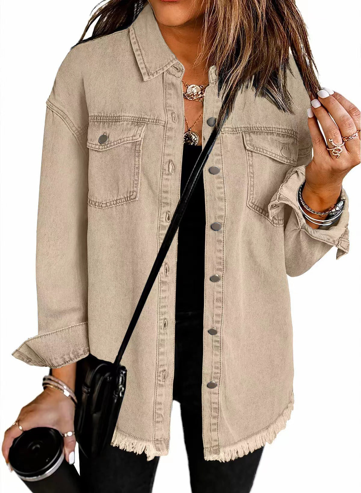 Washed Denim Shirt Jacket with Frayed Hem