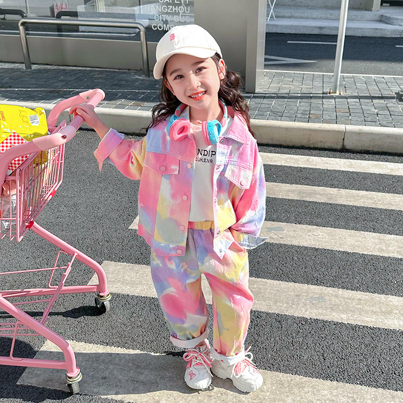Girls' Tie-Dye Ripped Denim Two-Piece Set