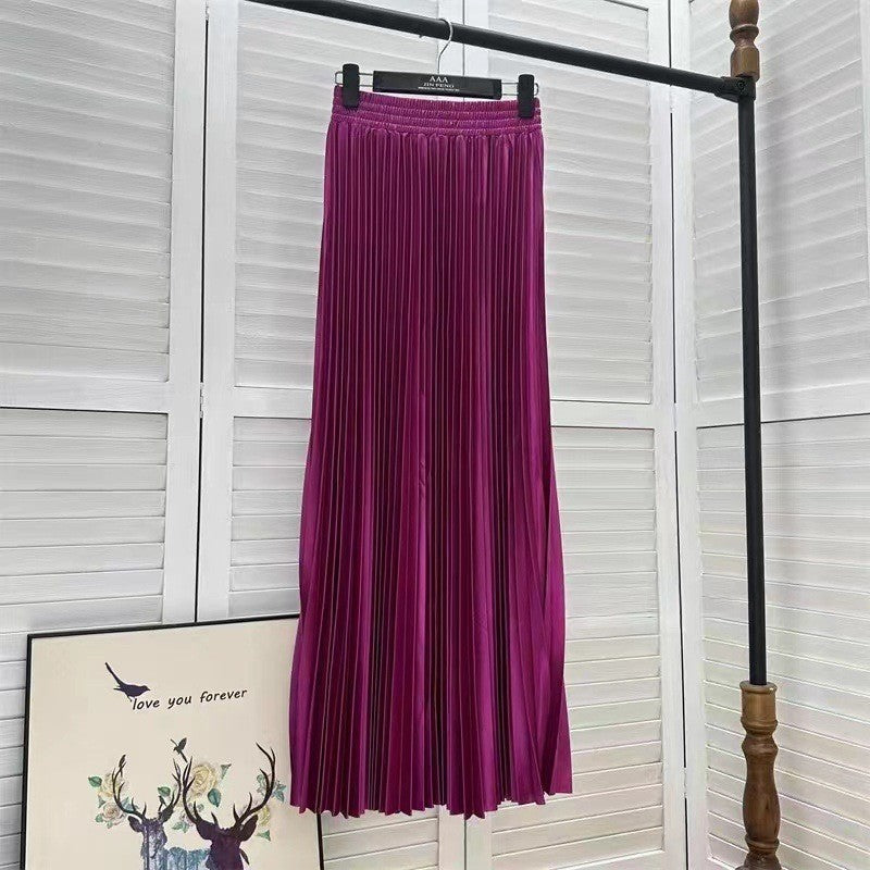 Satin Pleated Midi Skirt High Waist