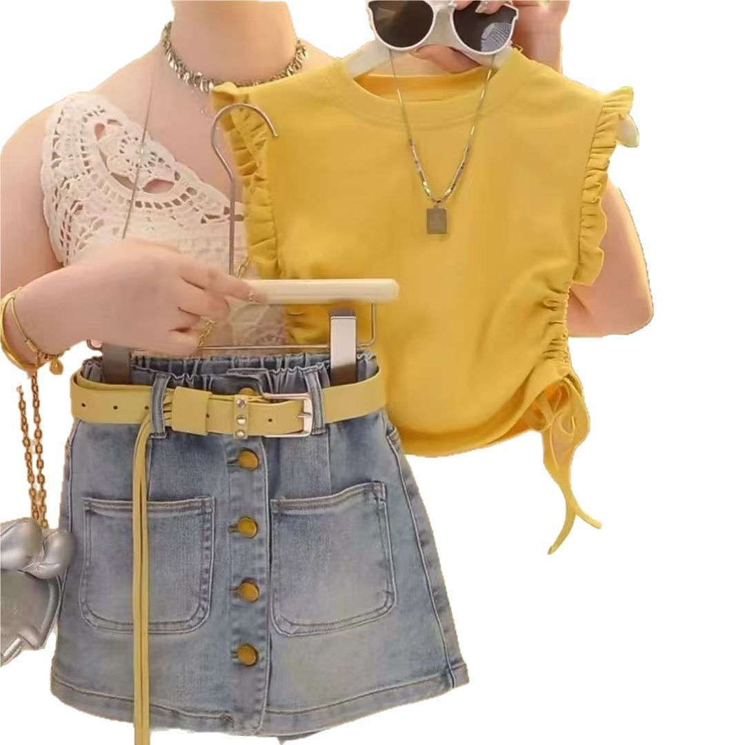 Girls' Summer Flutter Sleeve Denim Shorts Set