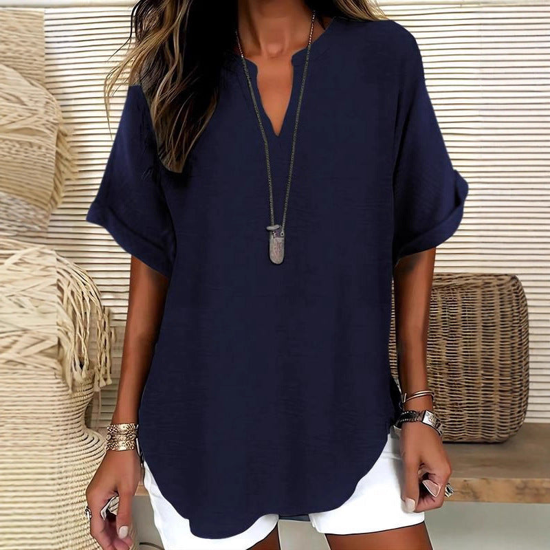 Solid-color V-neck casual blouse for women