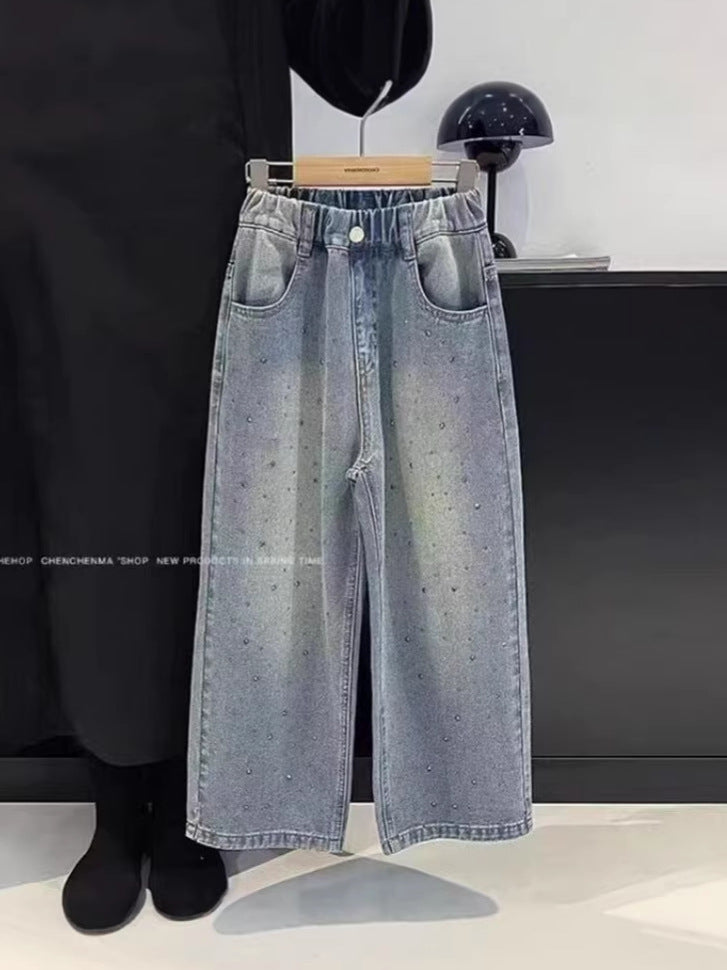 Girls' Rhinestone Wide Leg Denim Pants
