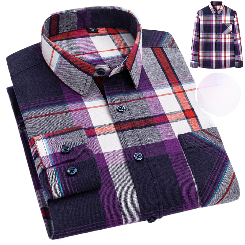Men's Long-Sleeved Cotton Brushed Plaid Shirt