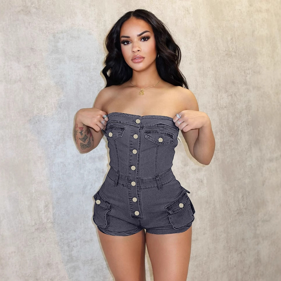Elastic Denim Sleeveless Jumpsuit with Pockets