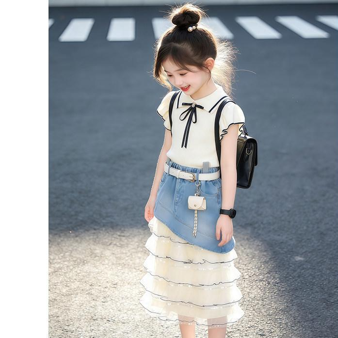 Girls' Denim Patchwork Tulle Skirt - Two-piece set