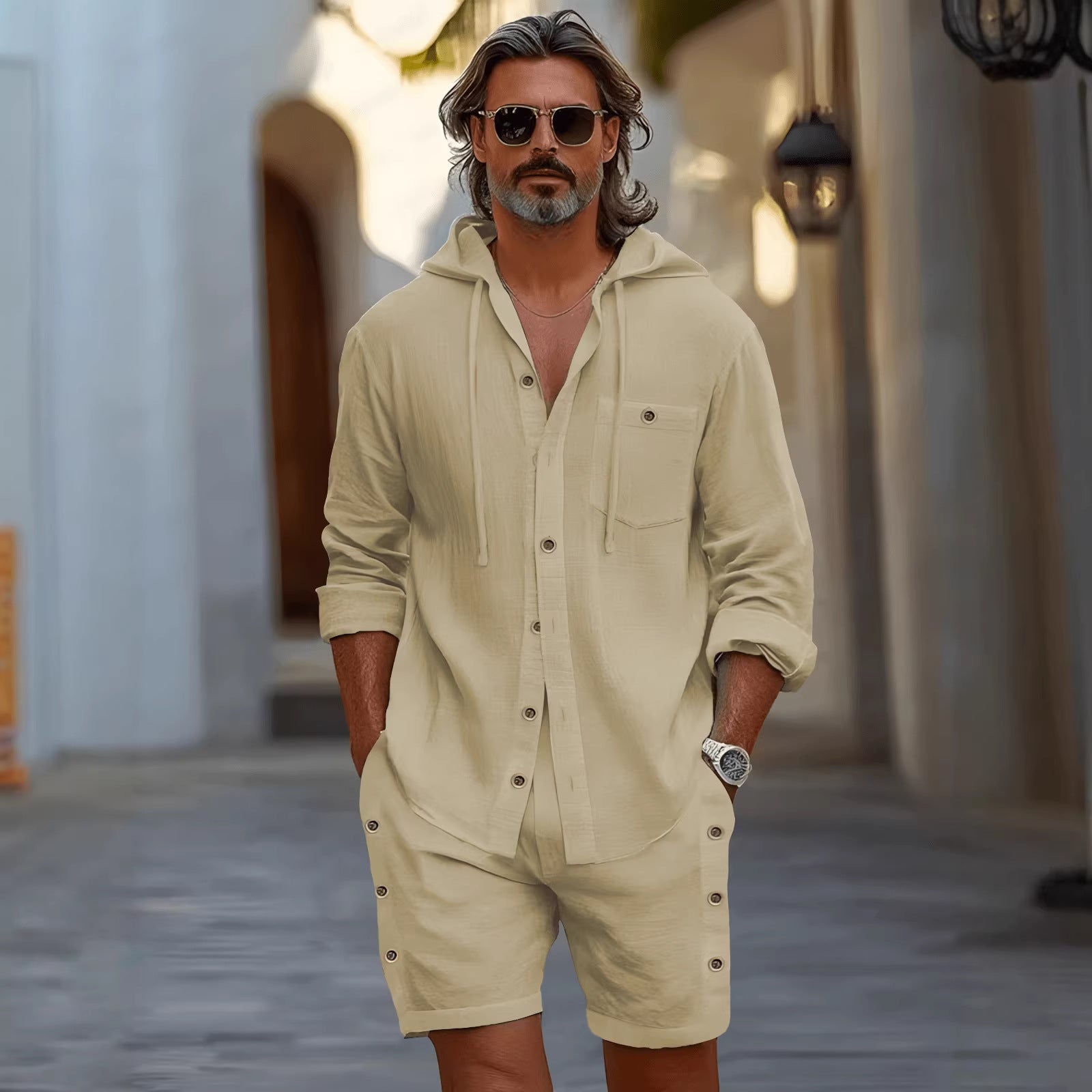 Men's Hooded Shirt Shorts Casual Set