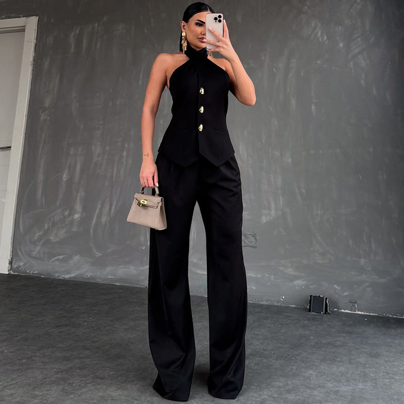 Women's Sleeveless Vest and High Waist Trousers Casual Suit