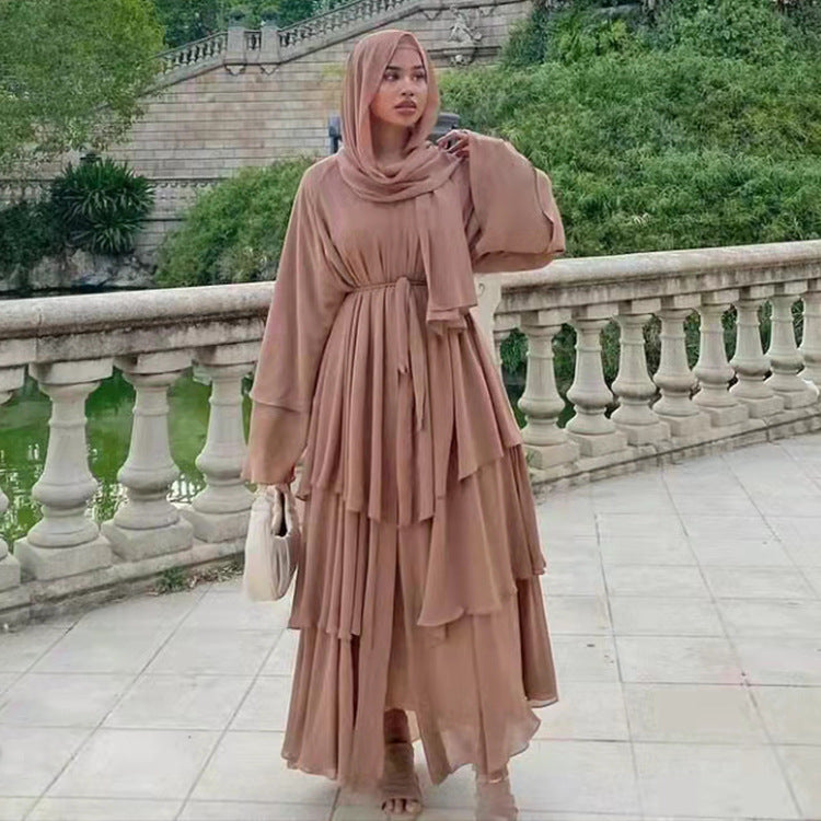 Stitching three-layer chiffon elegant cardigan dress robe