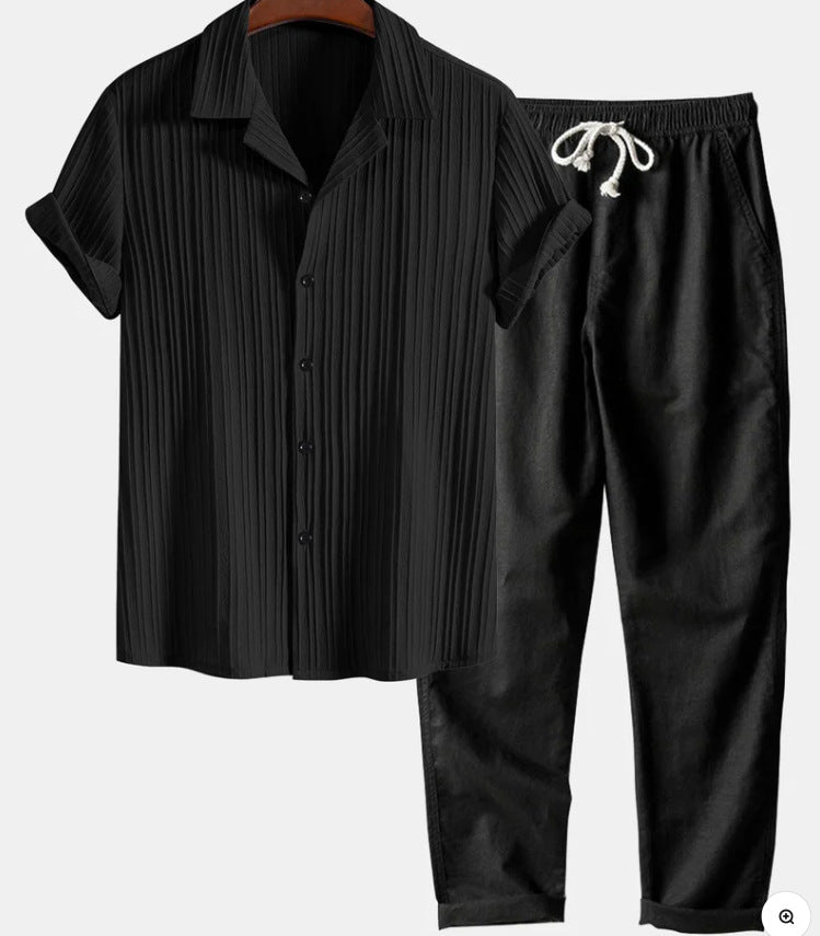 Men's Solid Color Short Sleeve Shirt and Pants Set