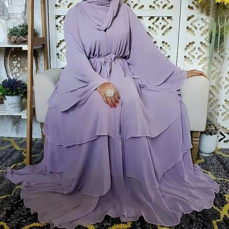 Stitching three-layer chiffon elegant cardigan dress robe
