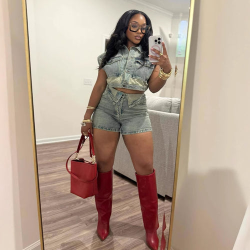 Denim shorts set