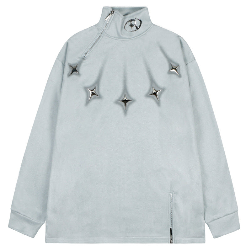 American-style zipper-enclosed high-neck pullover sweater