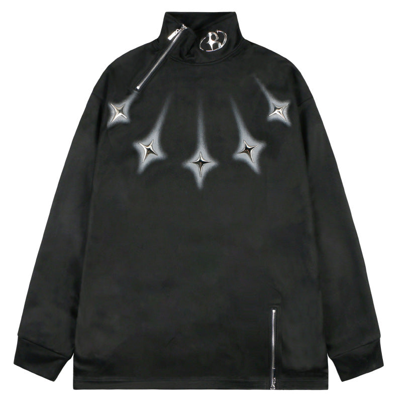 American-style zipper-enclosed high-neck pullover sweater