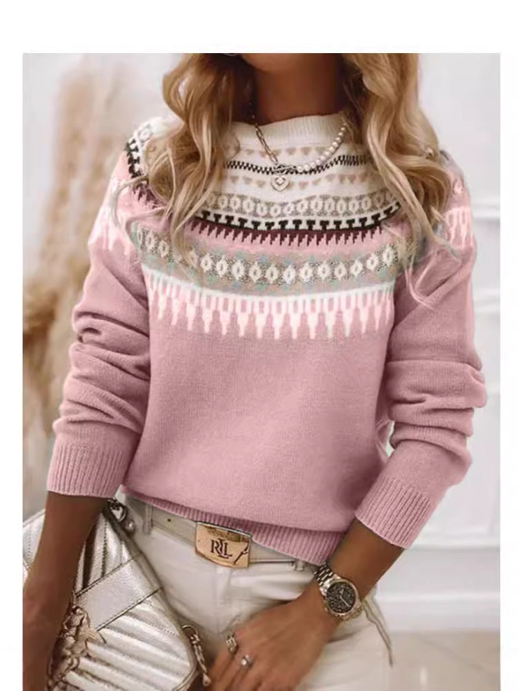 Round-neck color-blocked pullover knitted sweater